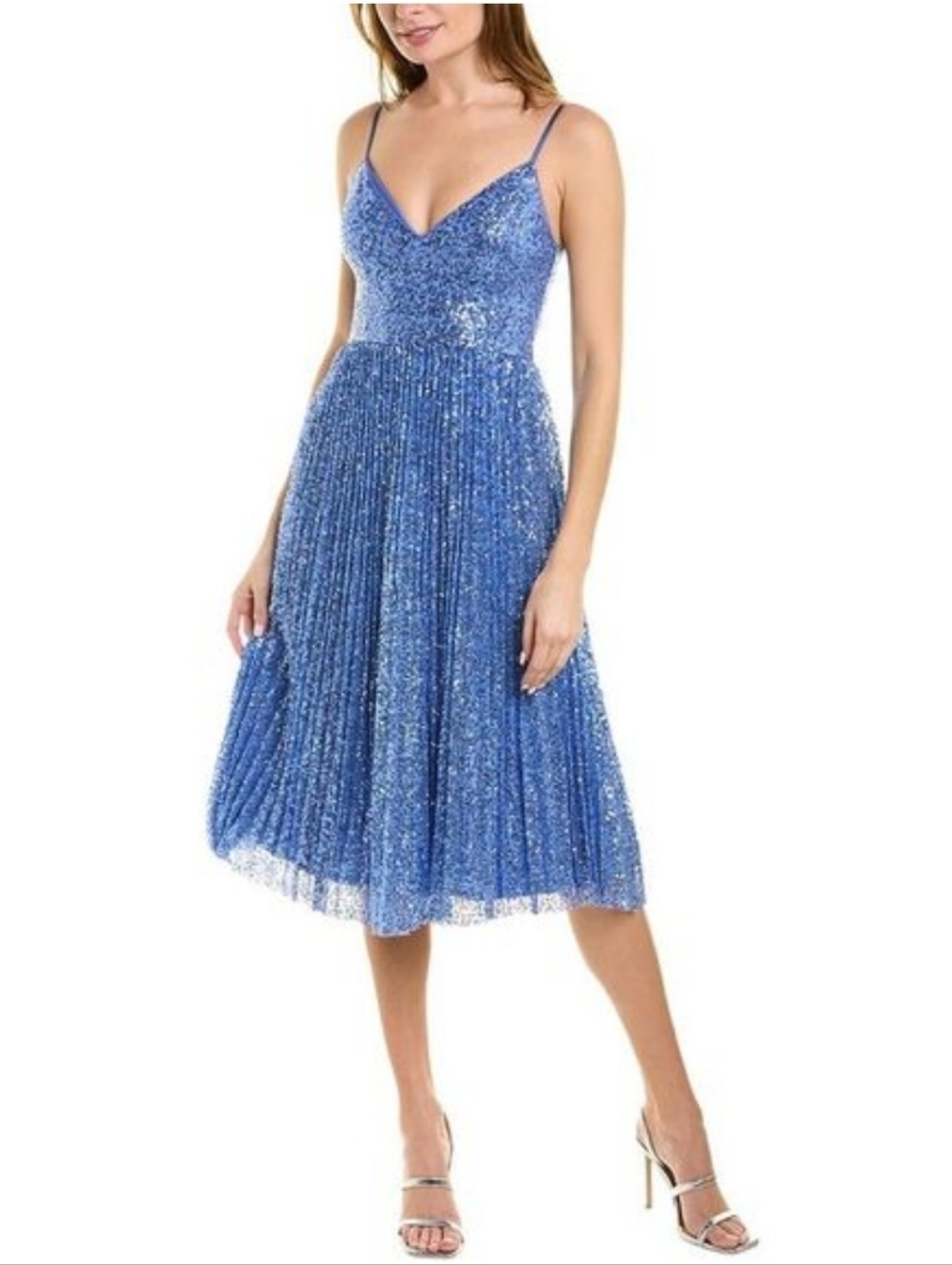 Nwot Aidan Mattox Blue Sequin Spaghetti Strap Corset Style Pleated Midi Dress